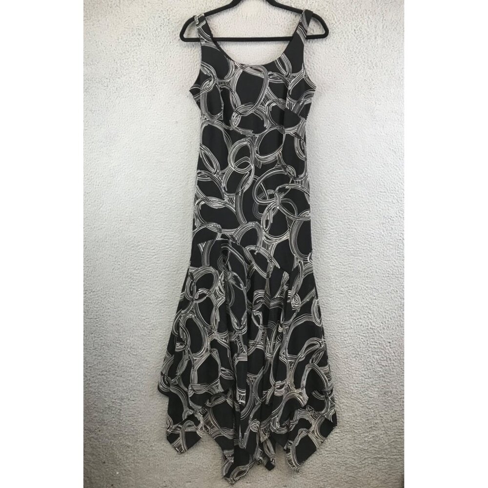 VINTAGE 90s does 30s Black and Ivory Print Drop Waist Handkerchief Dress Size 12